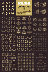 Mega collection of design elements hand gestures, sphere, hipster logo, floral wreaths, restaurant logo, monogram, vintage frame, laurel wreaths, sun signs, book border. Golden signs and symbols.