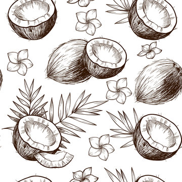 Coconuts, tropical leaves and flowers. Vector seamless pattern