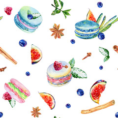 Seamless pattern with watercolor pastries and sweets. Colorful illustration of macaroon, cinnamon, cloves, anise, blueberry, figs, raspberry.