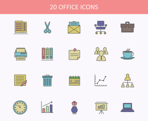 Set of office icons for web or UI design. Sheets of paper for copy and scissors for cut, envelope or bag for paste, chair and printer, cup of steaming coffee and garbage can, calendar and chart