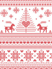 Scandinavian style and Nordic culture inspired Christmas and festive winter seamless pattern in cross stitch style with Xmas trees , snowflakes, starts, reindeer, hearts, decorative ornaments in red
