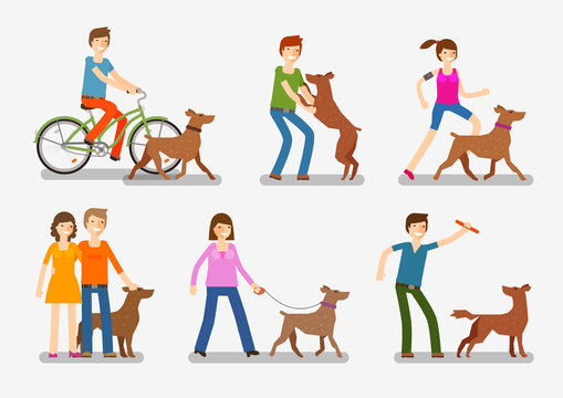 Dogs and people icons set. Pets, animals vector illustration
