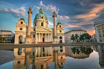 Karlskirche in Vienna, Austria at Sunset. St. Charles's Church