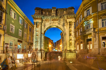 Golden Gate (Sergius Arch) in Pula at Night, Croatia