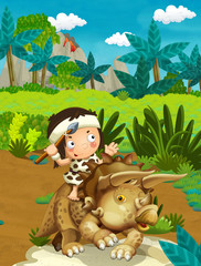 Cartoon nature scene with caveman - jungle - stone age family - with funny manga boy - happy illustration for children