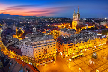 Fototapeta na wymiar Zagreb Croatia at Sunset. View from above of Ban Jelacic Square