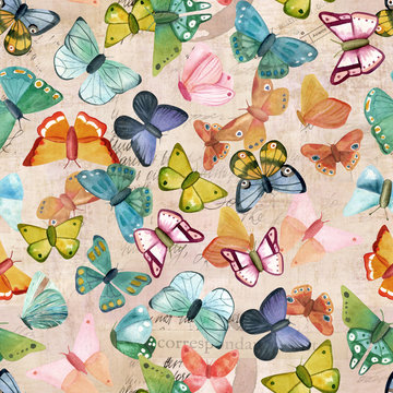 Vintage seamless pattern with watercolor butterflies on old ephemera