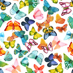 Seamless pattern with various watercolor butterflies