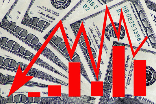 The red arrow icon on a background of money . The concept of changing prices on the market