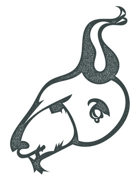 Sketch black silhouette of a goat's head with an earring isolate