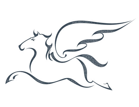 Grunge sketch of a flying pegasus, isolated on white background.