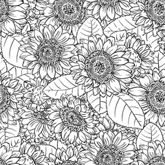 Fototapeta premium Vector doodle black and white seamless pattern with sunflowers