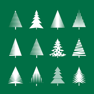 Set of White Christmas Tree. Vector Illustration and Icons.