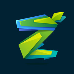 Letter Z logo in low poly style with green leaves.