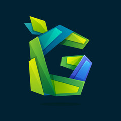 Letter G logo in low poly style with green leaves.