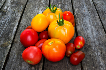 A few duferent colours tomatoes on the wooden deck