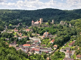 Fototapeta na wymiar View from scenic spot on valley with Hardegg town and castle in Lower Austria.