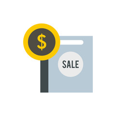 Dollar sign and shopping bag for sale icon in flat style on a white background