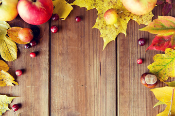 frame of autumn leaves, fruits and berries on wood