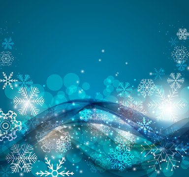 Abstract Christmas and New Year Wave Background with Lights and Snowflakes. Vector Illustration