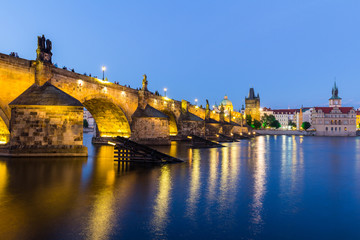 Old stone bridge Charles Prague medieval landmark night travel, Prague, Czech republic