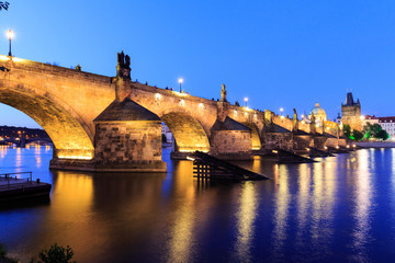 Fototapeta na wymiar Old stone bridge Charles Prague medieval landmark night travel, Prague, Czech republic