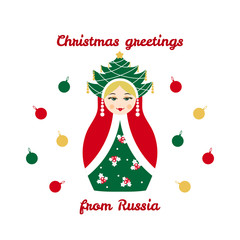 Christmas greetings from Russia, card with russian traditional wooden toy, babushka, matryoshka. New Year theme vector illustration. Retro nested doll design background. Winter holidays