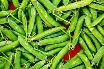 Green beans lie on the red background