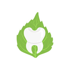 White Healthy Tooth With Roots With Green Leaf On Background Dental Care Symbol