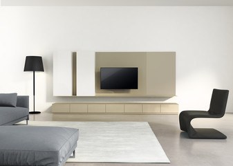 Contemporary tv wall furniture, white living room with black lounge chair
