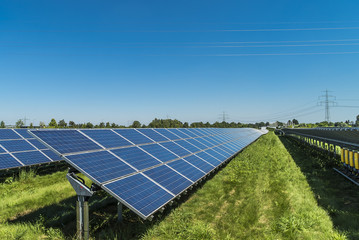 Blaue Solarmodule auf grüner Wiese