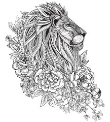Fototapeta premium Ręcznie rysowane graficzny ozdobny głowa lwa z etnicznych doodle kwiatowy
