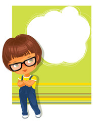 Smart schoolgirl wearing glasses. Text frame