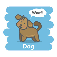 Dog vector illustration on isolated background.Cute Cartoon dog domestic animal character speak Woof on a speech bubble.From the series what the say animals