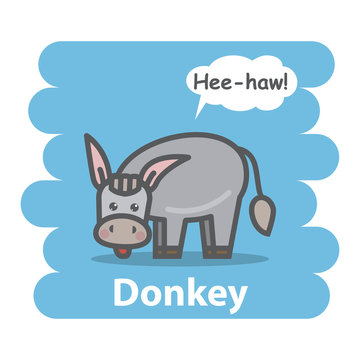 Donkey vector illustration on isolated background.Cute Cartoon donkey farm animal character speak Hee-how on a speech bubble.From the series what the say animals