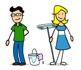 Cartoon Paar oder Familie bei Hausputz