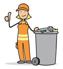Cartoon Frau bei Müllabfuhr hält Daumen hoch