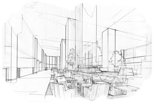 hall, hotel lobby, contour visualization, 3D illustration, sketch, outline  Stock Illustration | Adobe Stock