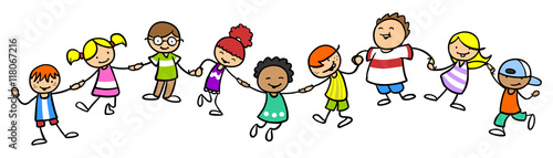 "Glückliche Gruppe Kinder bei Hände halten" Stockfotos und