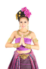 Portrait a beautiful Thai woman with tradition dance costume. 