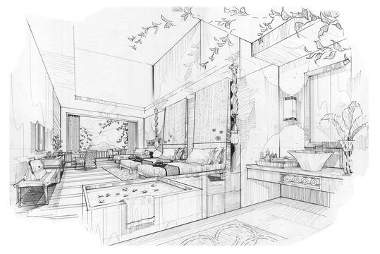 sketch stripes bed room & bath room , black and white interior design.