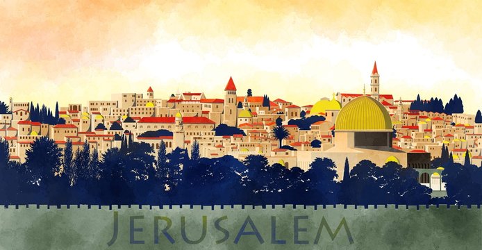 Gerusalemme, Israele: vista della Cupola della Roccia e della città vecchia, disegnata a mano
