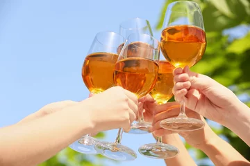 Poster Vin Female hands clinking glasses with white wine outdoors