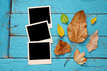 Autumn background with dry leaves and blank photo frames