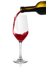 Red wine pouring into wine glass, isolated on white