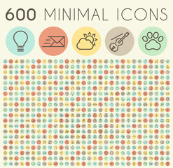 Set of 600 Solid Thin Line Colored Multimedia, SEO, Business, Ecology, Education, Shopping, Transport, Home Appliances, Medical, Fitness and Sport, Beach, Baby and Veterinary Icons. 