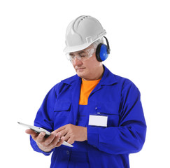 Construction worker with tablet, isolated on white