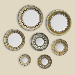 Set of plates with elegant ethnic tribal mandala ornament in boho style. Home decor vector illustration.