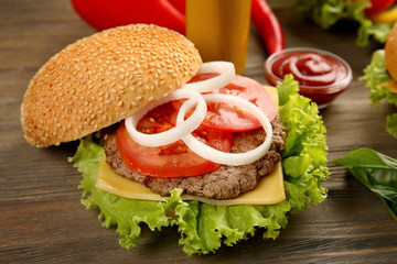 Fresh hamburger with vegetables, closeup