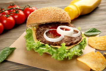 Fresh juicy hamburger, closeup